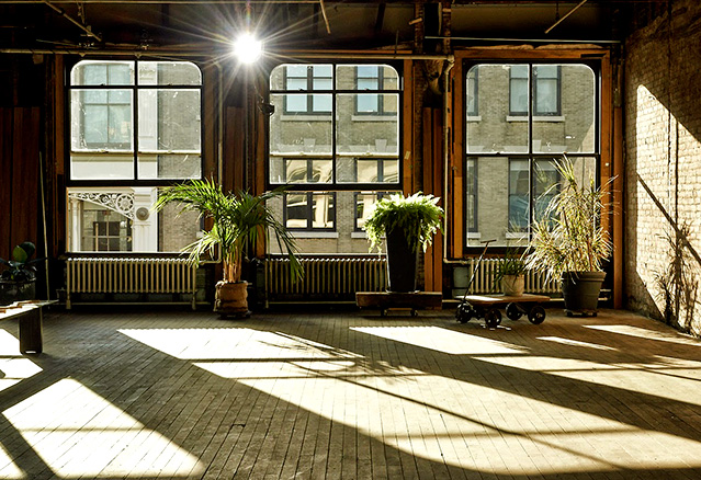 Trois fenêtre de loft avec plantes et plancher de bois